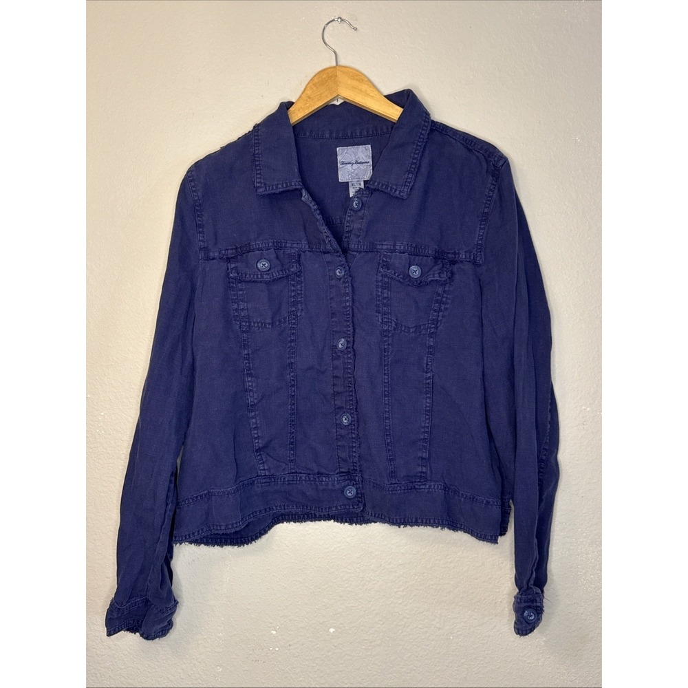 TOMMY BAHAMA TWO PALMS 100% LINEN RAW EDGE BUTTON UP JACKET WASHED NAVY BLUE XL